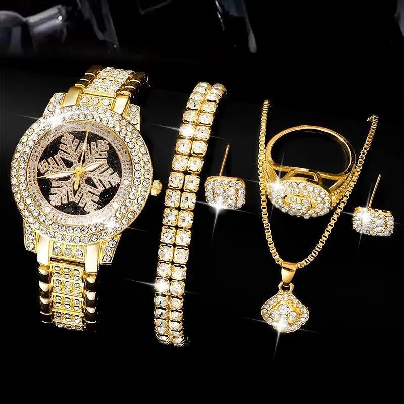 Snowflake Pattern Watch Luxury Full Rhinestone Jewellery Set - 5 Pieces