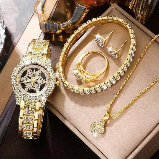 Snowflake Pattern Watch Luxury Full Rhinestone Jewellery Set - 5 Pieces