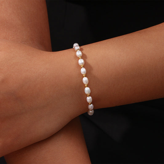 Stainless Steel Plated 18k Freshwater Pearl Spacer Beads Drawstring Bracelet